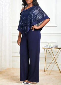Sequin Navy Cold Shoulder Asymmetric Hem Jumpsuit -Rosewe Promotion Store 314272 P 16669316391552