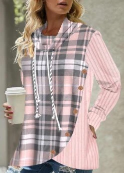Pink Button Tartan Print Drawstring Sweatshirt -Rosewe Promotion Store 314362 P 1663927955242 1