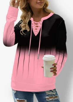 Ombre Pink Lace Up Regular Sleeve Sweatshirt -Rosewe Promotion Store 314387 P 1663045842246