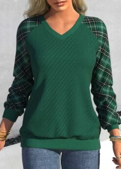 Plus Size Blackish Green V Neck Tartan Print Sweatshirt