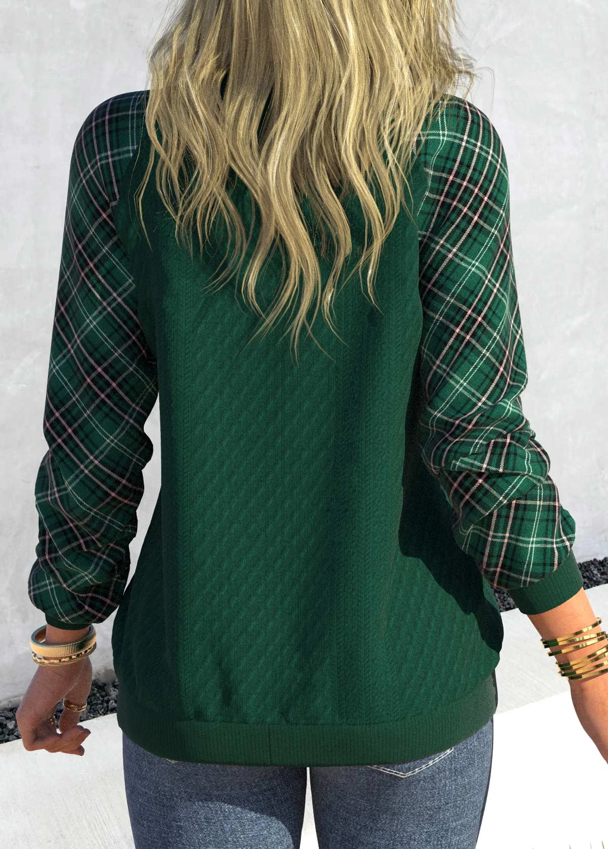 Blackish Green V Neck Tartan Print Sweatshirt 4 Blackish Green V Neck Tartan Print Sweatshirt - Image 2