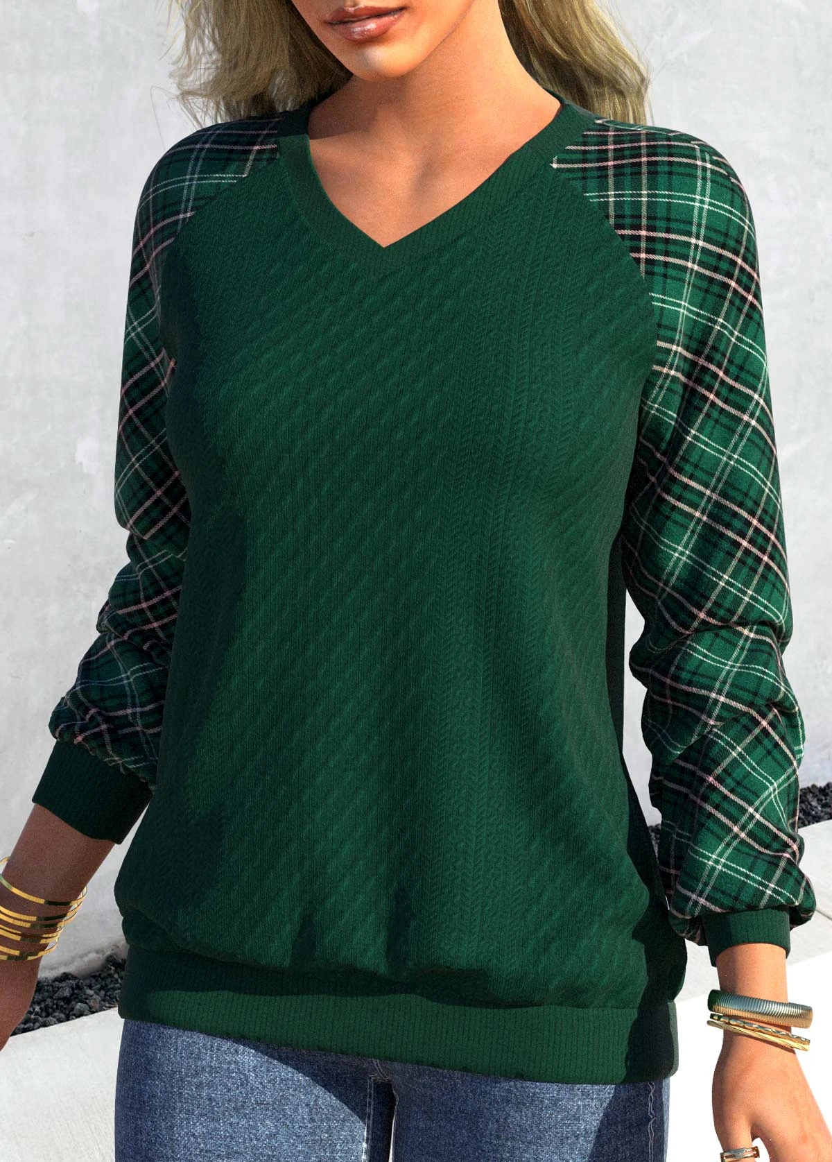 Blackish Green V Neck Tartan Print Sweatshirt 5 Blackish Green V Neck Tartan Print Sweatshirt - Image 3