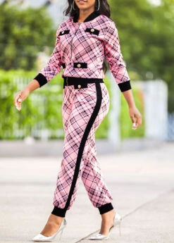 Plaid Pink Long Sleeve Sweatsuit Set -Rosewe Promotion Store 314408 P 16642744252762