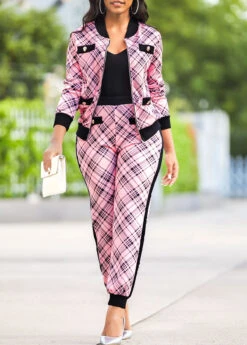 Plaid Pink Long Sleeve Sweatsuit Set