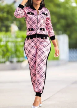 Plaid Pink Long Sleeve Sweatsuit Set -Rosewe Promotion Store 314408 P 16642744256303