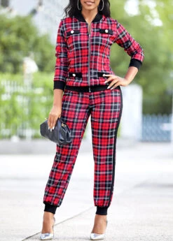 Plaid Red Long Sleeve Zipper Sweatsuit Set -Rosewe Promotion Store 314409 P 16651935872152