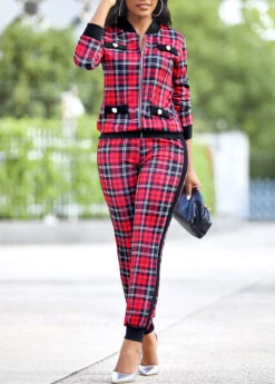 Plaid Red Long Sleeve Zipper Sweatsuit Set -Rosewe Promotion Store 314409 P 16651935872653