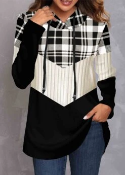 Plus Size Tartan Print Black Regular Sleeve Hoodie