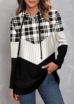 Plus Size Tartan Print Black Regular Sleeve Hoodie -Rosewe Promotion Store 314448 P 1663119102561