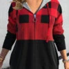 Plus Size Tartan Print Zipper Red Drop Sleeve Hoodie -Rosewe Promotion Store 314451 P 1666163253239
