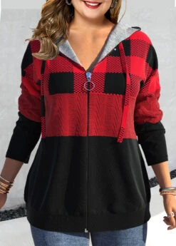 Plus Size Tartan Print Zipper Red Drop Sleeve Hoodie