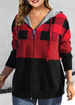 Plus Size Tartan Print Zipper Red Drop Sleeve Hoodie -Rosewe Promotion Store 314451 P 1666163254278