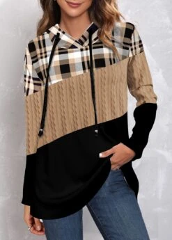 Plus Size Tartan Print Twisted Light Camel Hoodie -Rosewe Promotion Store 314497 P 1663131555072