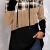 Plus Size Tartan Print Twisted Light Camel Hoodie -Rosewe Promotion Store 314497 P 1663131555291