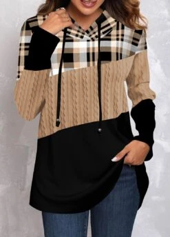 Plus Size Tartan Print Twisted Light Camel Hoodie