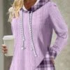 Asymmetric Hem Tartan Print Light Purple Hoodie