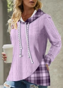 Asymmetric Hem Tartan Print Light Purple Hoodie