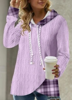 Asymmetric Hem Tartan Print Light Purple Hoodie -Rosewe Promotion Store 314662 P 1664161514743