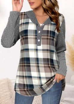 Tartan Print Twisted Grey Regular Sleeve Hoodie -Rosewe Promotion Store 314665 P 1667369708127