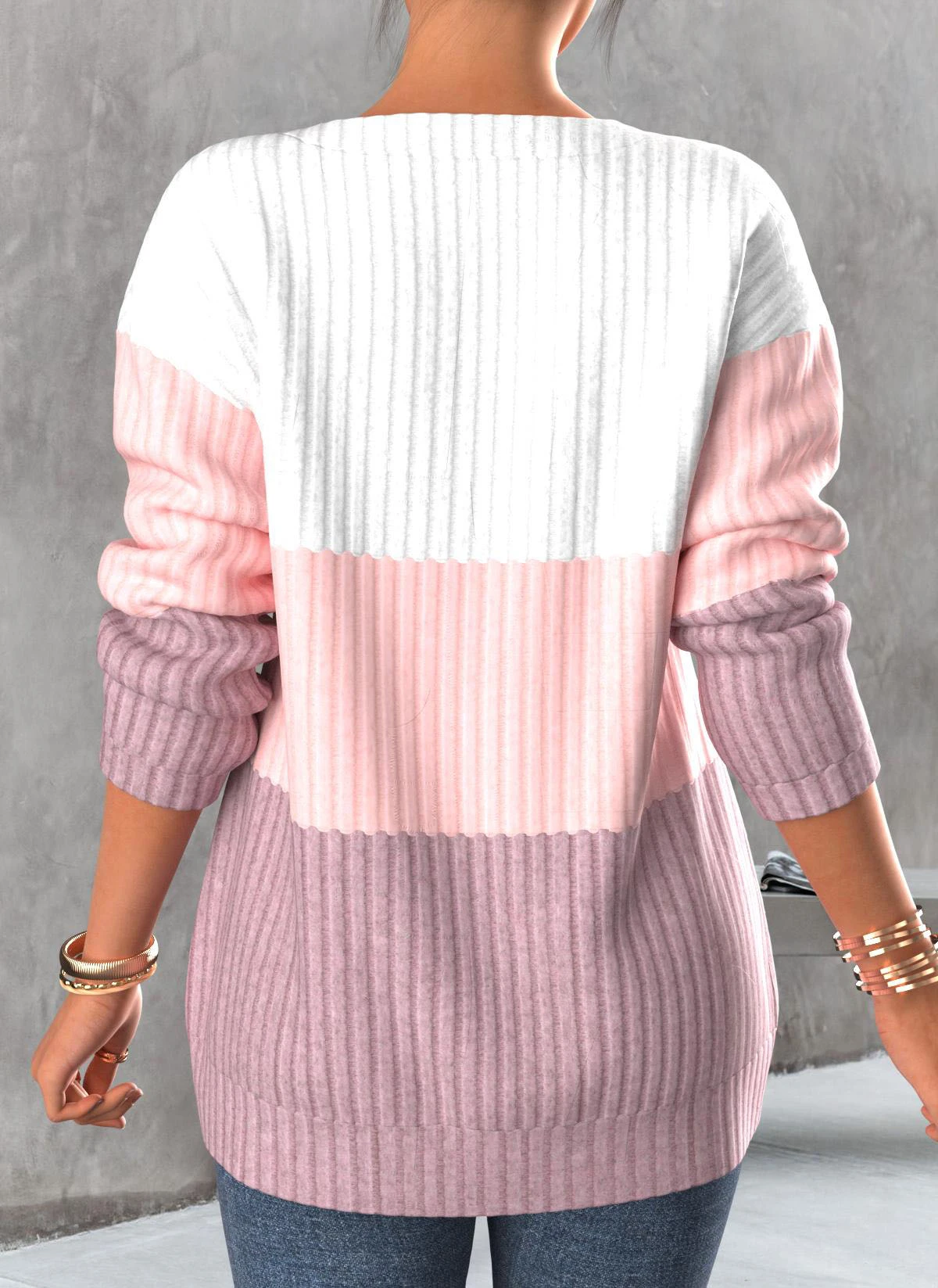 Contrast Zipper Light Pink Round Neck Sweatshirt 4 Contrast Zipper Light Pink Round Neck Sweatshirt - Image 2