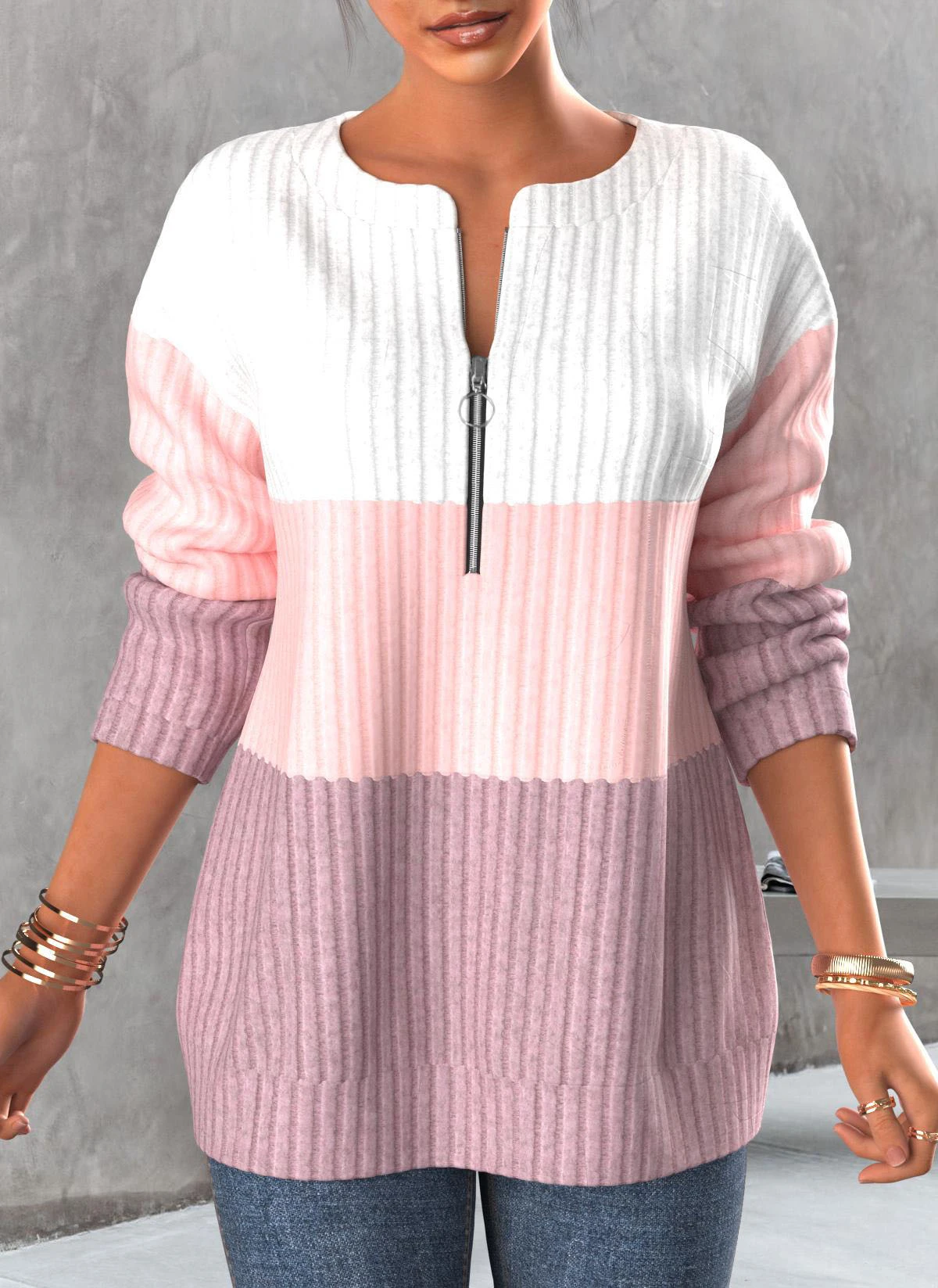 Contrast Zipper Light Pink Round Neck Sweatshirt 3 Contrast Zipper Light Pink Round Neck Sweatshirt
