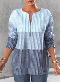 Contrast Zipper Light Blue Round Neck Sweatshirt -Rosewe Promotion Store 314938 P 1665210000760 1