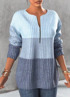 Contrast Zipper Light Blue Round Neck Sweatshirt -Rosewe Promotion Store 314938 P 1665210001270 1