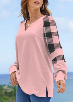 Light Pink Plus Size Split Plaid Sweatshirt -Rosewe Promotion Store 315017 P 1663639520520