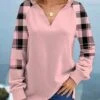 Tartan Print V Neck Light Pink Sweatshirt -Rosewe Promotion Store 315017 P 1663639520743 1