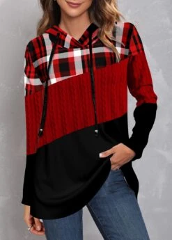 Tartan Print Twisted Red Regular Sleeve Hoodie -Rosewe Promotion Store 315068 P 1664519262369 1
