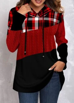 Tartan Print Twisted Red Regular Sleeve Hoodie