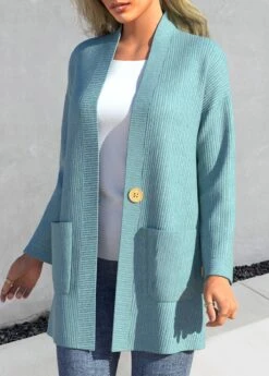 Button Peacock Blue Long Sleeve Cardigans -Rosewe Promotion Store 315196 P 1665549724056
