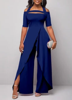 Navy Halter Cold Shoulder Short Sleeve Jumpsuit