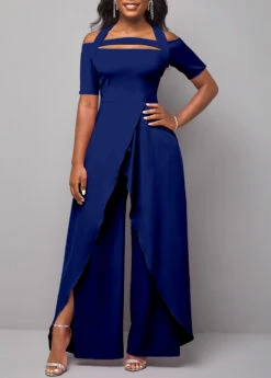 Navy Halter Cold Shoulder Short Sleeve Jumpsuit -Rosewe Promotion Store 315312 P 1670560444028