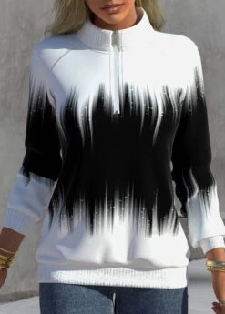 Plus Size Ombre Zipper Black High Neck Long Sleeve Sweatshirt
