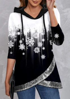 Christmas Snowflake Print Cross Hem Black Sequin Hoodie -Rosewe Promotion Store 315353 P 1663859224463