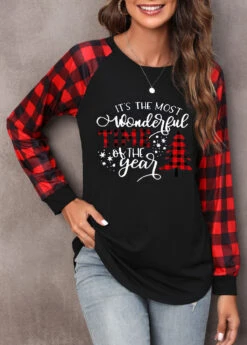 Christmas Print Red Round Neck Long Sleeve Sweatshirt