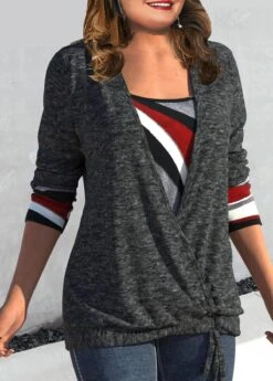 Plus Size Geometric Print Drawstring Dark Grey T Shirt -Rosewe Promotion Store 315435 P 1666159755282