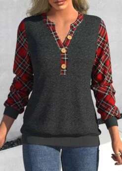 Tartan Print Button Dark Grey Marl Sweatshirt