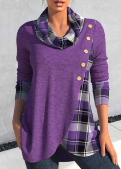Plus Size Tartan Print Cross Hem Dusty Purple Sweatshirt -Rosewe Promotion Store 315494 P 1665218126995