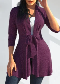 Dark Purple Long Sleeve Bowknot Cardigan