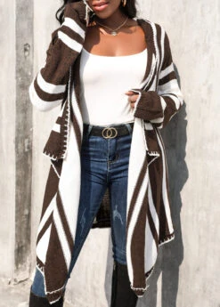 Geometric Print Patchwork Dark Coffee Hooded Cardigan -Rosewe Promotion Store 315517 P 16678051210762