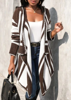 Geometric Print Patchwork Dark Coffee Hooded Cardigan