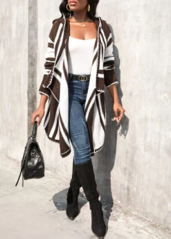 Geometric Print Patchwork Dark Coffee Hooded Cardigan -Rosewe Promotion Store 315517 P 16678051218825