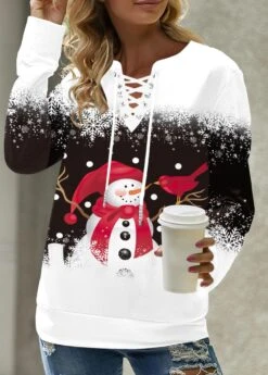 Christmas Print Lace Up Collar Black Sweatshirt -Rosewe Promotion Store 315528 P 1663919156133