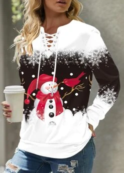Christmas Print Lace Up Collar Black Sweatshirt