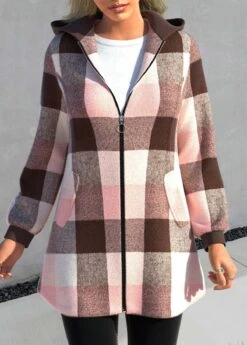 Plus Size Tartan Print Zipper Pink Hooded Long Sleeve Jacket