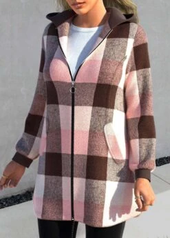 Plus Size Tartan Print Zipper Pink Hooded Long Sleeve Jacket -Rosewe Promotion Store 315601 P 1665997756688