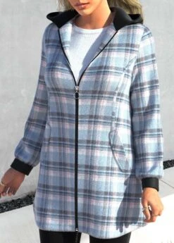 Plus Size Plaid Zipper Light Blue Hooded Long Sleeve Jacket -Rosewe Promotion Store 315659 P 1665999529449