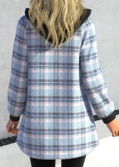 Plus Size Plaid Zipper Light Blue Hooded Long Sleeve Jacket -Rosewe Promotion Store 315659 P 1665999529681